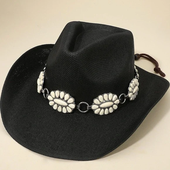Black Western Cowboy Fedora Hat with Turquoise Concho Chain Band display picture 1